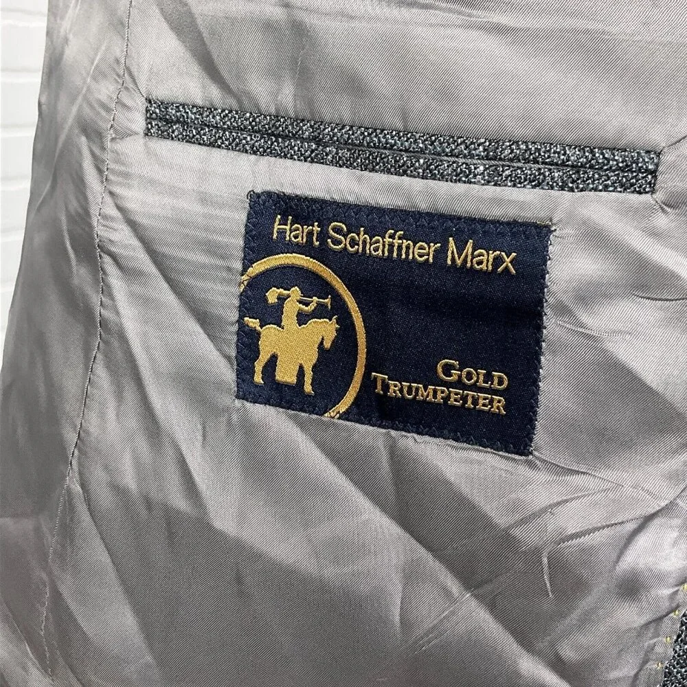 Hart Schaffner Marx Blazer Men 42R Gray Blue Plaid‎ Gold Trumpeter Carlanda USA